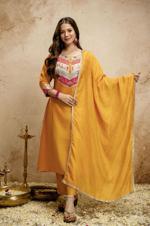 Yellow Floral Embroidered Chanderi Straight Cut Suit (ACA7453)
