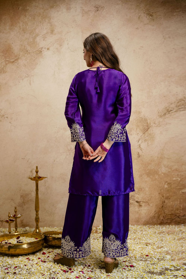 Purple Floral Embroidered Chinon Straight Cut Suits (ACA7454)