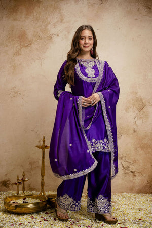 Purple Floral Embroidered Chinon Straight Cut Suits (ACA7454)