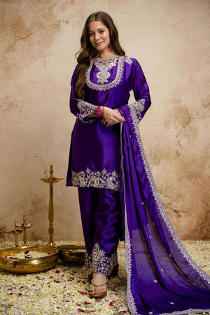 Purple Floral Embroidered Chinon Straight Cut Suits (ACA7454)