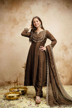 Brown Floral Embroidered Silk Anarkali Suit (ACA7455)