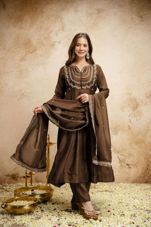 Brown Floral Embroidered Silk Anarkali Suit (ACA7455)