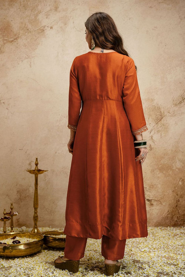 Rust Floral Embroidered Silk Anarkali Suit (ACA7456)
