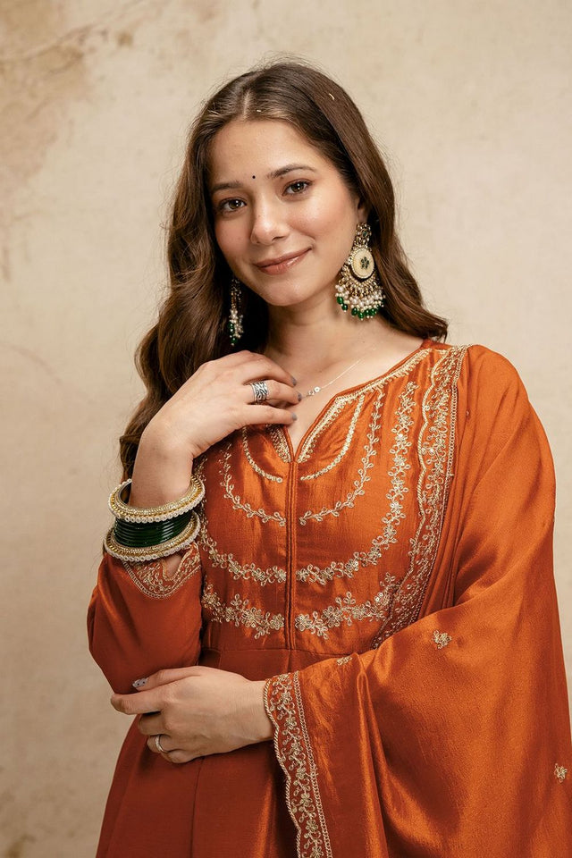 Rust Floral Embroidered Silk Anarkali Suit (ACA7456)