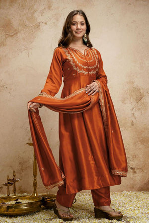 Rust Floral Embroidered Silk Anarkali Suit (ACA7456)