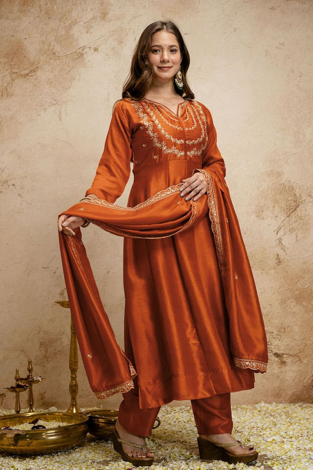 Rust Floral Embroidered Silk Anarkali Suit (ACA7456)