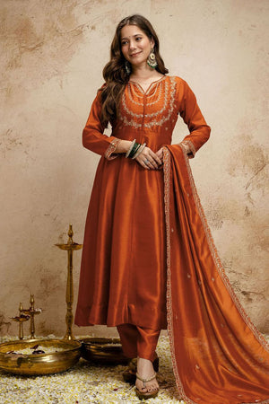 Rust Floral Embroidered Silk Anarkali Suit (ACA7456)