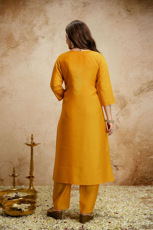Yellow Floral Embroidered Chanderi Straight Cut Suit (ACA7457)