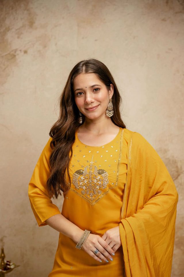 Yellow Floral Embroidered Chanderi Straight Cut Suit (ACA7457)