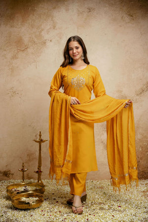 Yellow Floral Embroidered Chanderi Straight Cut Suit (ACA7457)