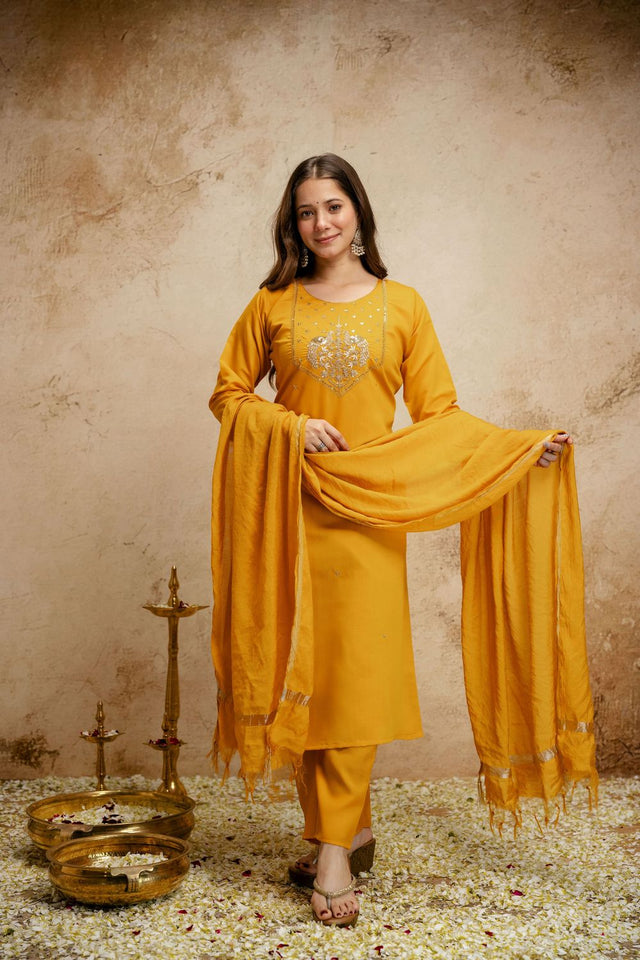 Yellow Floral Embroidered Chanderi Straight Cut Suit (ACA7457)