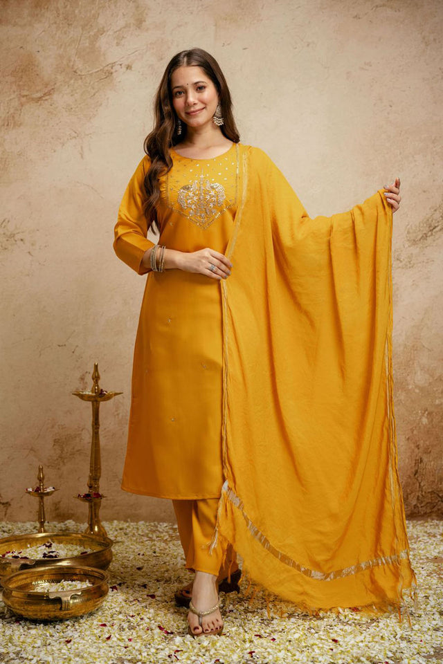 Yellow Floral Embroidered Chanderi Straight Cut Suit (ACA7457)