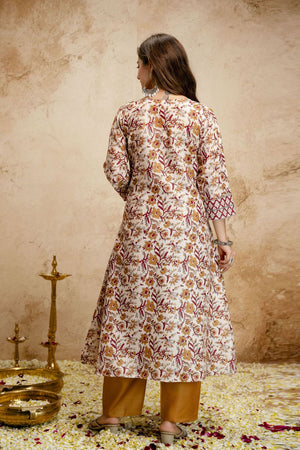 Cream Floral Printed Cotton Straight Cut Suit (ACA7458)