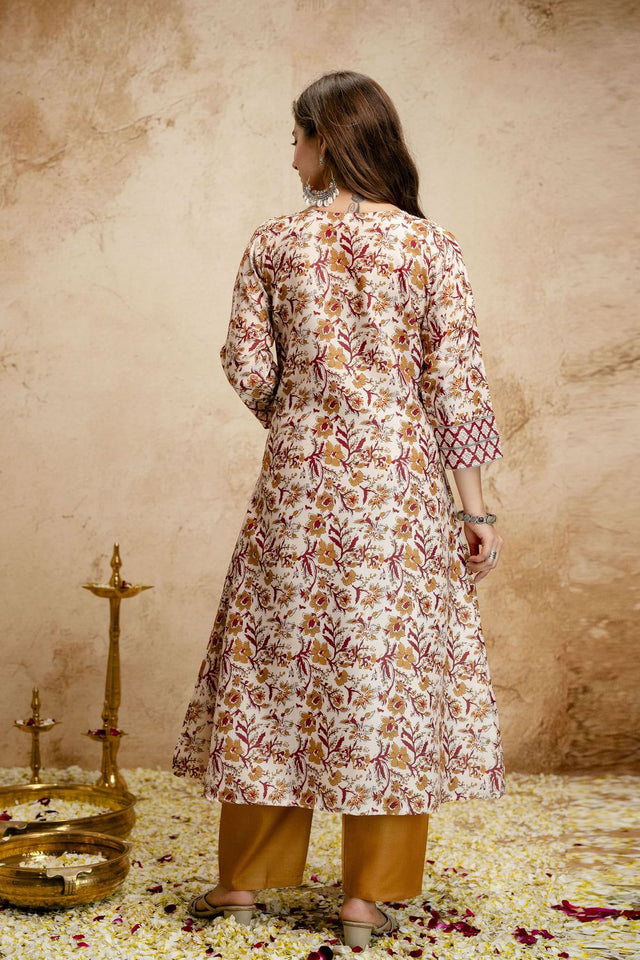 Cream Floral Printed Cotton Straight Cut Suit (ACA7458)