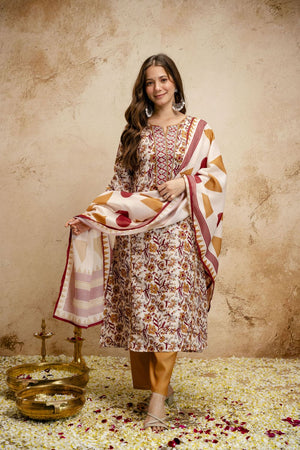 Cream Floral Printed Cotton Straight Cut Suit (ACA7458)