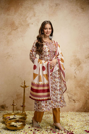 Cream Floral Printed Cotton Straight Cut Suit (ACA7458)