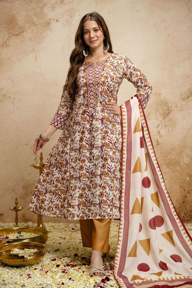 Cream Floral Printed Cotton Straight Cut Suit (ACA7458)