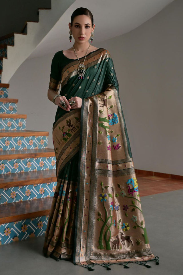 Green Woven Silk Paithani Saree (ACA7459)