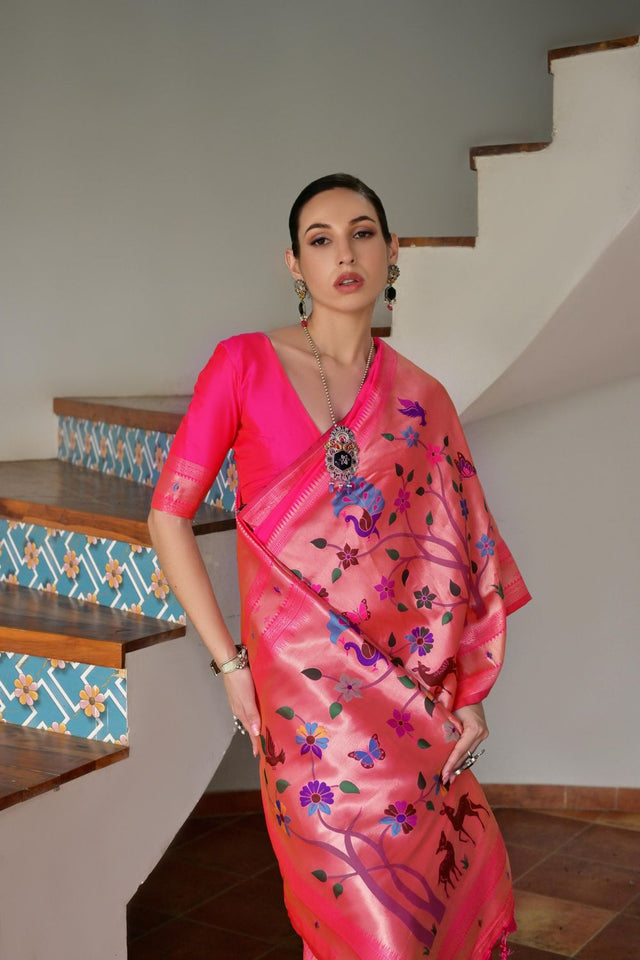 Pink Woven Silk Paithani Saree (ACA7461)