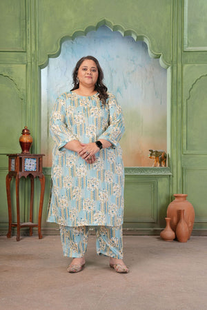 Blue Floral Printed Rayon Kurti Pant Set (ACA7480)