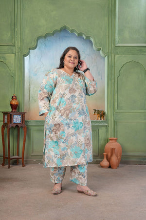 Sea Green Floral Printed Rayon Kurti Pant Set (ACA7483)