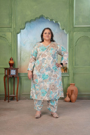 Sea Green Floral Printed Rayon Kurti Pant Set (ACA7483)