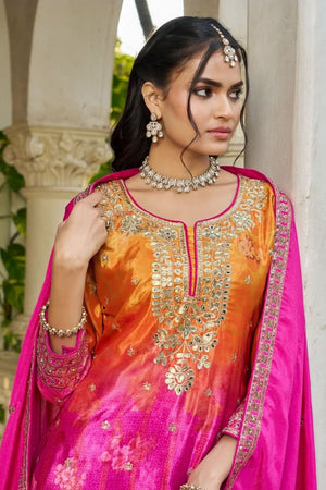 Free Size Stitched Pink Floral Embroidered Chinon Palazzo Suit (ACA7515)