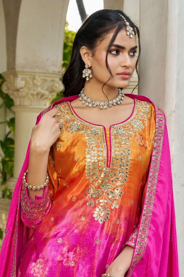 Free Size Stitched Pink Floral Embroidered Chinon Palazzo Suit (ACA7515)