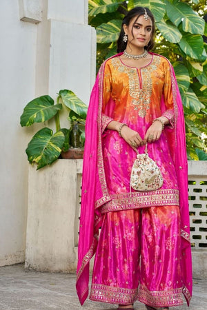 Free Size Stitched Pink Floral Embroidered Chinon Palazzo Suit (ACA7515)