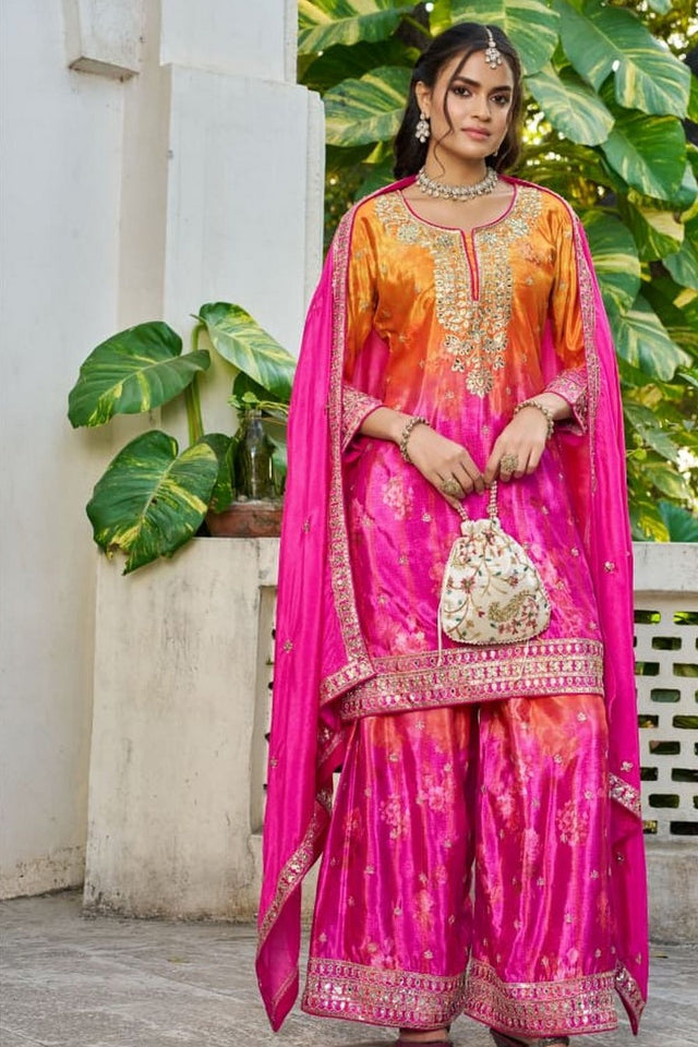 Free Size Stitched Pink Floral Embroidered Chinon Palazzo Suit (ACA7515)