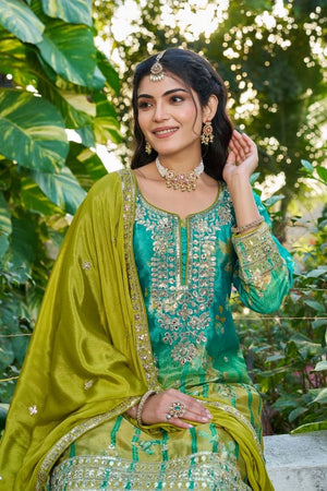 Free Size Stitched Olive Green Floral Embroidered Chinon Palazzo Suit (ACA7516)