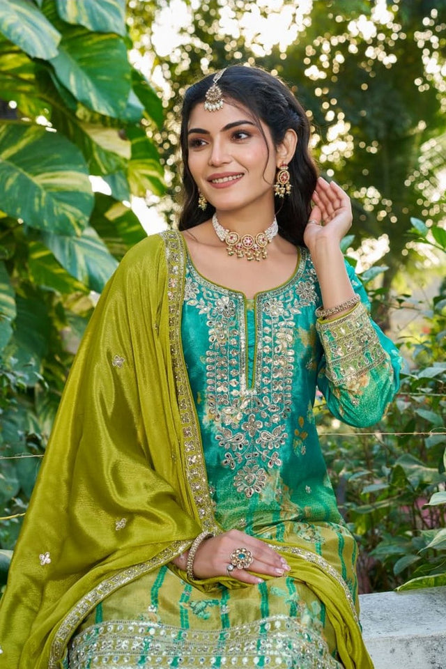Free Size Stitched Olive Green Floral Embroidered Chinon Palazzo Suit (ACA7516)