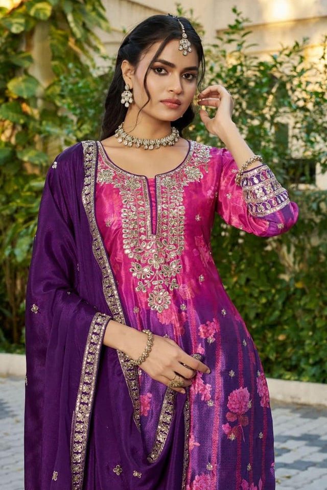 Free Size Stitched Purple Floral Embroidered Chinon Palazzo Suit (ACA7517)
