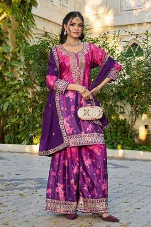 Free Size Stitched Purple Floral Embroidered Chinon Palazzo Suit (ACA7517)