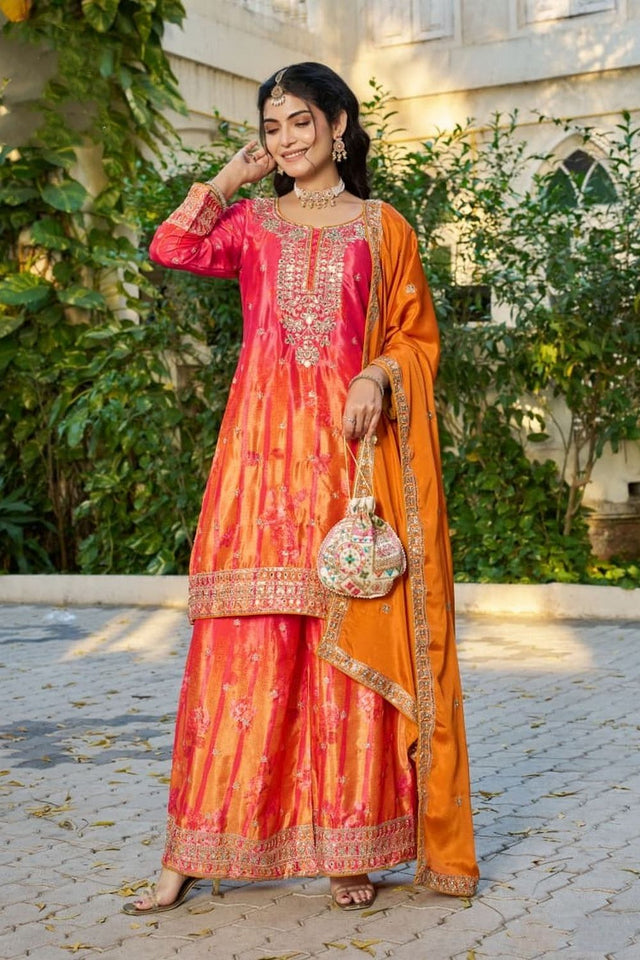 Free Size Stitched Orange Floral Embroidered Chinon Palazzo Suit (ACA7518)