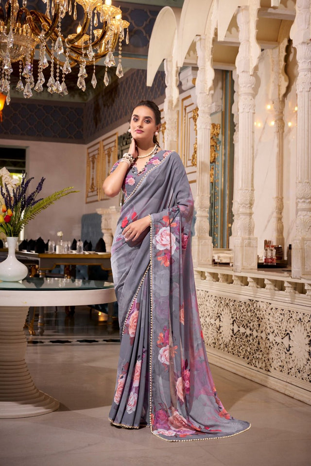 Grey Floral Printed with Pearl Border Georgette Saree (ACA7533)