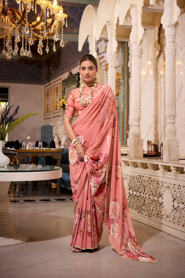Orange Floral Printed with Pearl Border Georgette Saree (ACA7534)