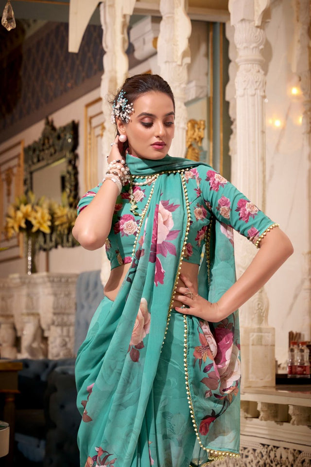 Green Floral Printed with Pearl Border Georgette Saree (ACA7536)