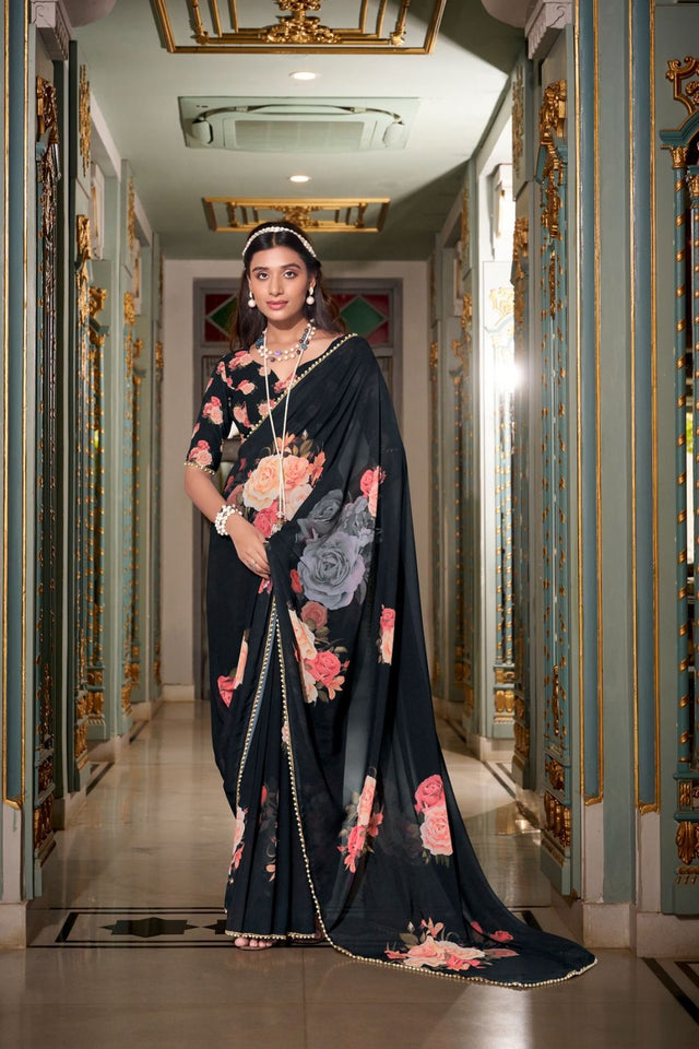Black Floral Printed with Pearl Border Georgette Saree (ACA7538)