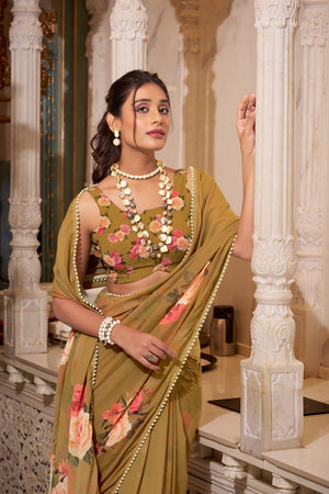 Brown Floral Printed with Pearl Border Georgette Saree (ACA7539)