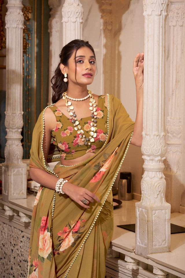 Brown Floral Printed with Pearl Border Georgette Saree (ACA7539)