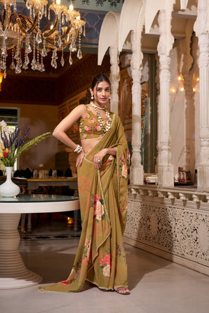 Brown Floral Printed with Pearl Border Georgette Saree (ACA7539)