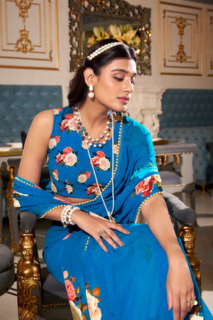 Turquoise Floral Printed with Pearl Border Georgette Saree (ACA7540)