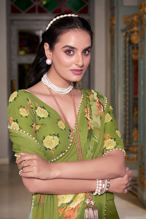 Mehendi Floral Printed with Pearl Border Georgette Saree (ACA7541)
