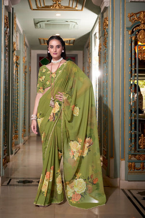 Mehendi Floral Printed with Pearl Border Georgette Saree (ACA7541)
