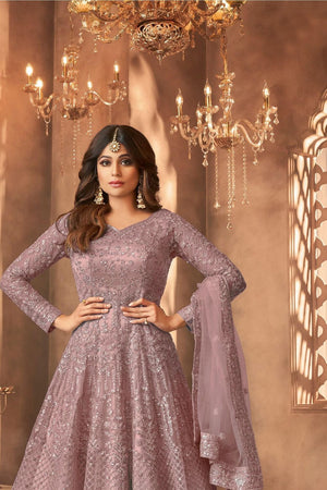 Mauve Sequin with Floral Embroiderd Net Anarkali Suit (ACA7548)