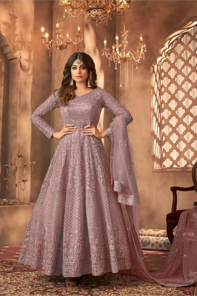 Mauve Sequin with Floral Embroiderd Net Anarkali Suit (ACA7548)