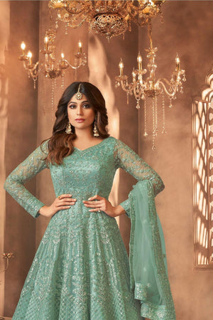 Green Sequin with Floral Embroiderd Net Anarkali Suit (ACA7549)