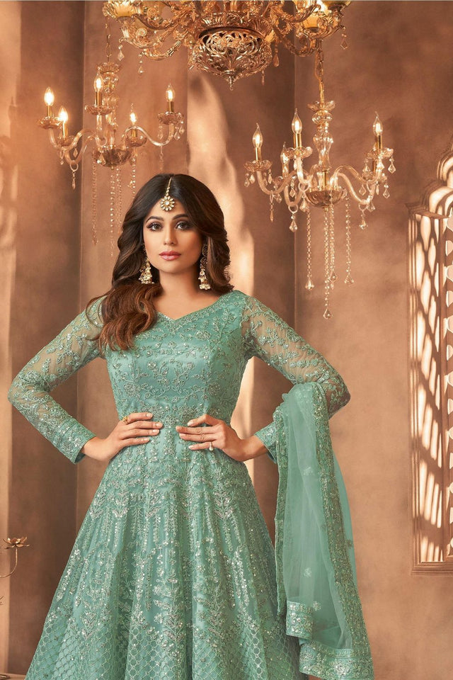 Green Sequin with Floral Embroiderd Net Anarkali Suit (ACA7549)