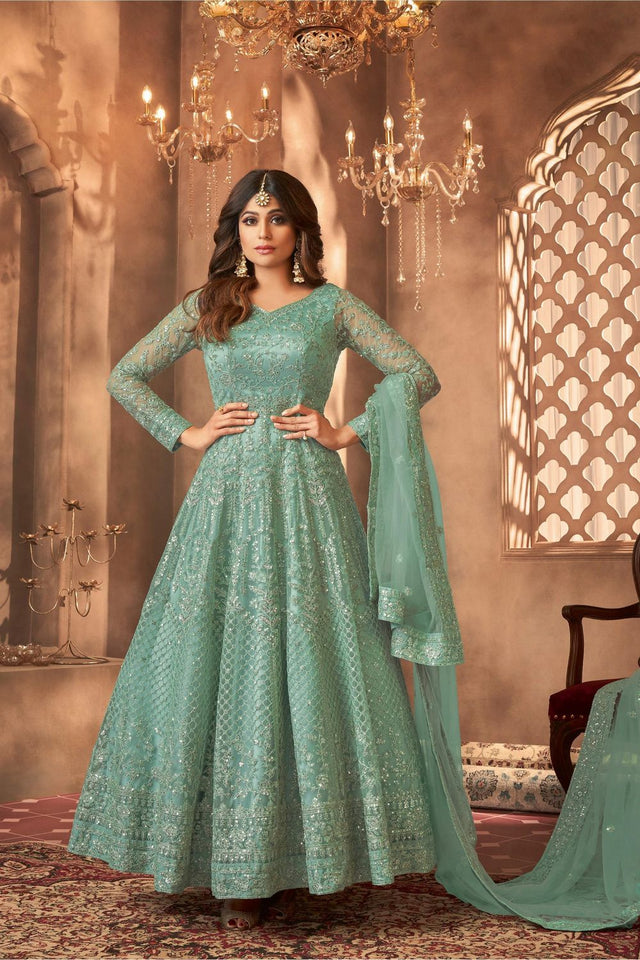 Green Sequin with Floral Embroiderd Net Anarkali Suit (ACA7549)